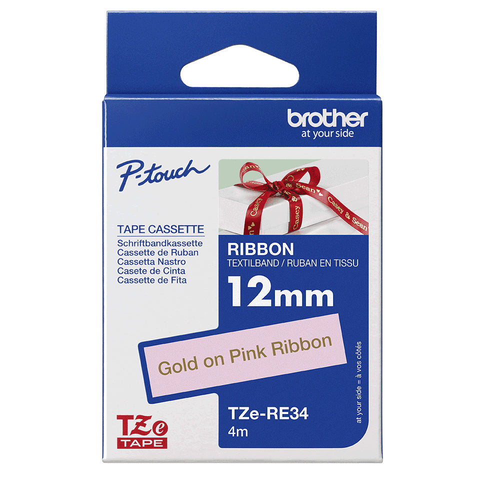 Brother TZE-RE34 etiketbånd Guld på pink