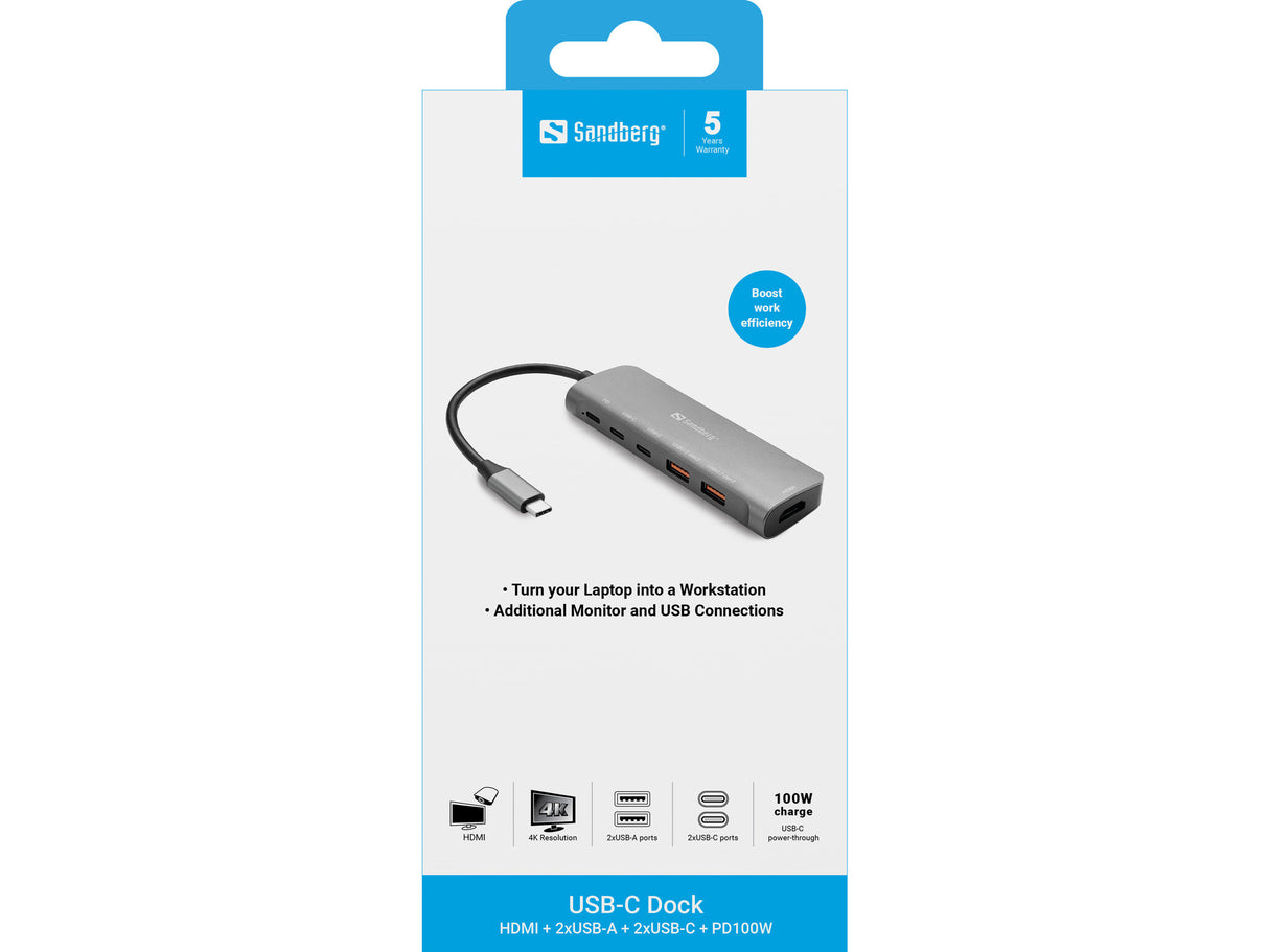 Sandberg USB-C Dock HDMI + 2xUSB-A + 2xUSB-C + PD100W Ledningsført USB 3.2 Gen 1 (3.1 Gen 1) Type-C Aluminium