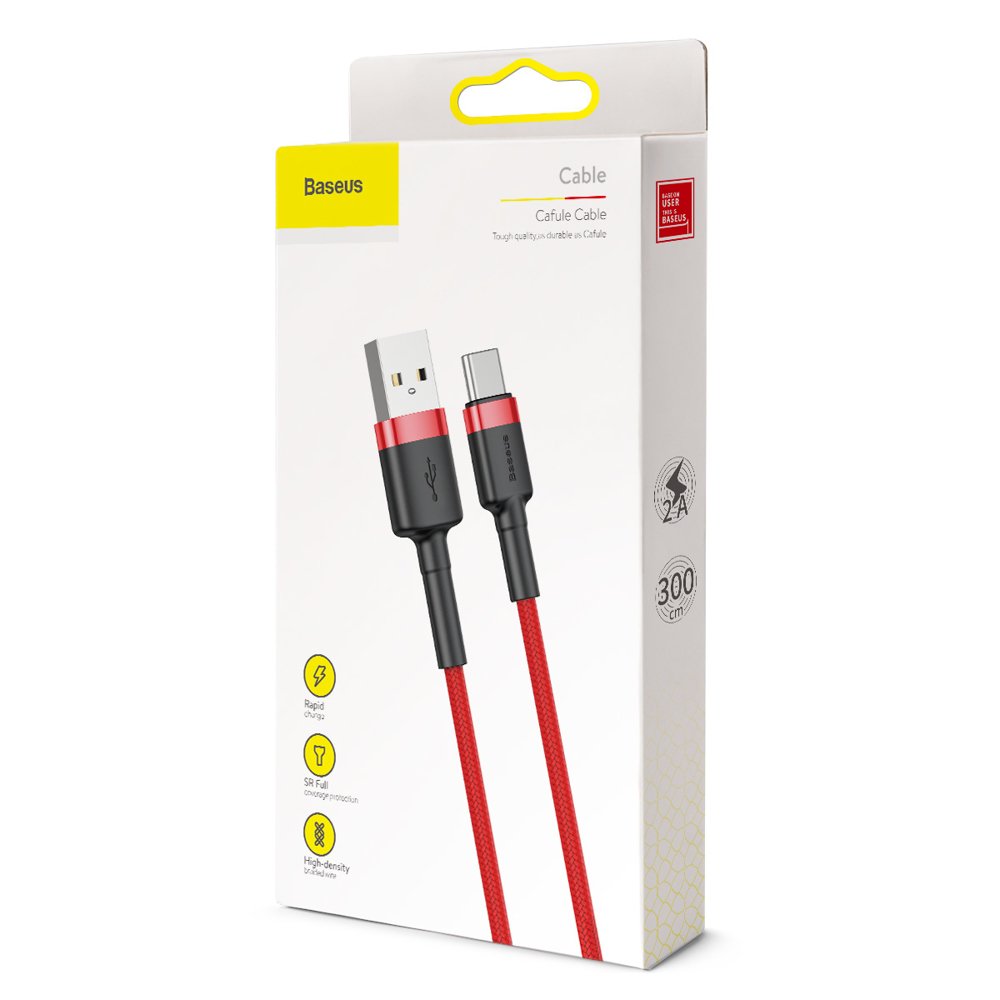 Baseus Cafule Cable holdbar nylon kabel USB / USB-C QC3.0 2A 3M rød (CATKLF-U09)
