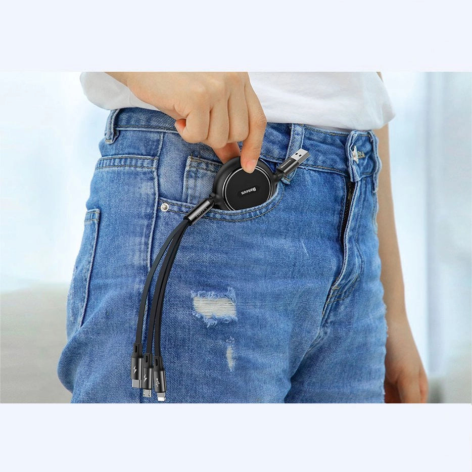 Baseus Golden Loop 3in1 forlænget kabel USB - micro USB / Lightning / USB-C 3.5A 35cm - 120cm sort (CAMLT-JH01)