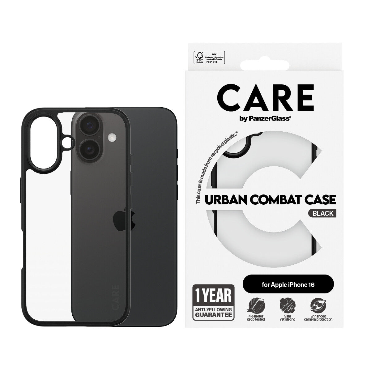 PanzerGlass CARE™ by ® Urban Combat Case Transparent m. Sort Ramme iPhone 16