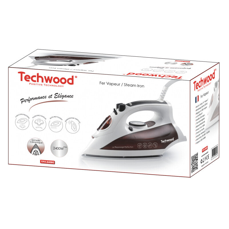 Techwood TFV-2408C strygejern Tør & dampstrygejern Keramisk strygesål 2400 W Brun, Hvid