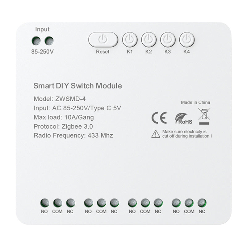 ZigBee 4-kanals switch modul med spændingsfri DC 32V kontakt Avatto ZWSMMD-4-250V