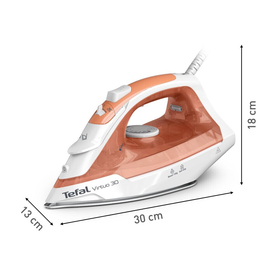 Tefal Virtuo 30 FV2C40E0 strygejern Tør & dampstrygejern Keramisk strygesål 2000 W Fersken, Hvid