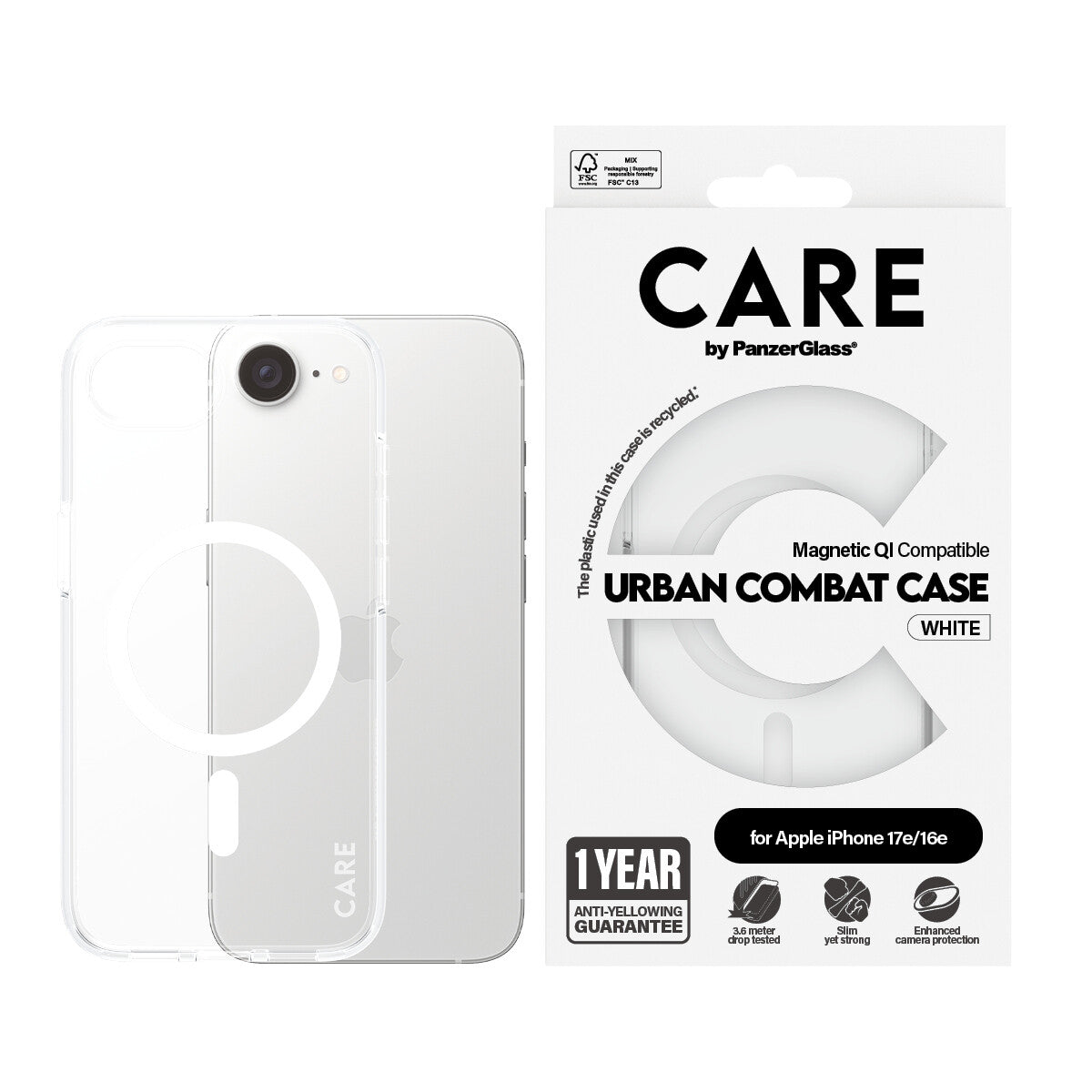 PanzerGlass CARE™ by ® Urban Combat Case Transparent m. Hvid Qi Compatible iPhone 17e | 16e