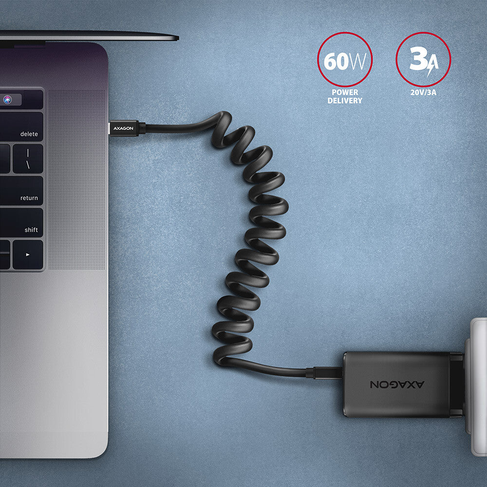 Axagon Data and charging USB 2.0 cable 1.1 m long. PD 60W, 3A. Black twisted. USB-kabel 1,1 m USB C 0,48 Gbit/sek. Sort