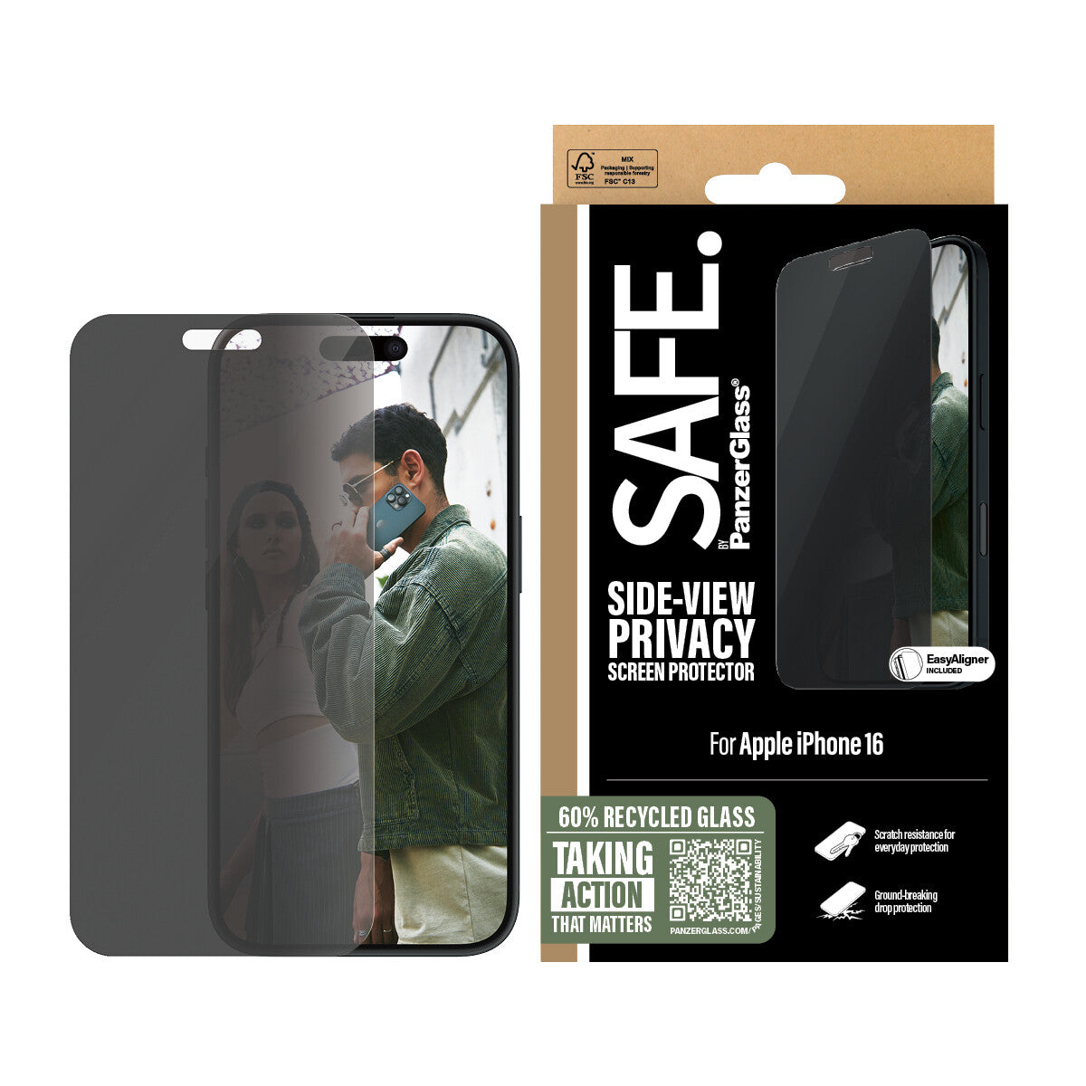 PanzerGlass SAFE. by ® 2-Way Privacy Skærmbeskyttelse iPhone 16 | 15 | Ultra-Wide Fit