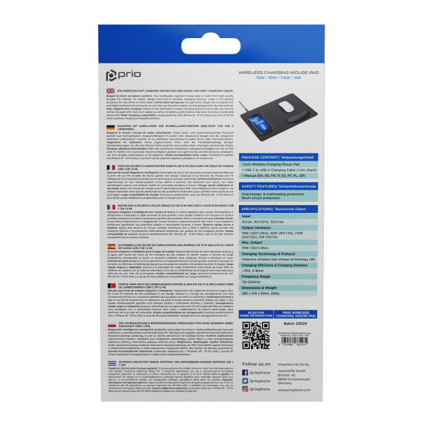prio Hurtig trådløs opladningsmusemåtte 15W (USB C) grå