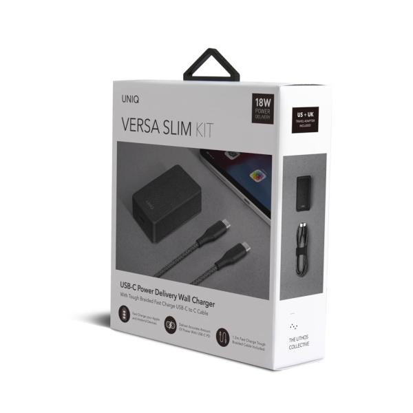 Uniq Versa Slim LITHOS kollektiv USB-C PD 18W vægoplader + USB-C / USB-C kabel - sort