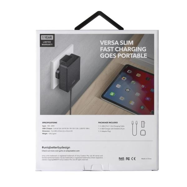 Uniq Versa Slim LITHOS kollektiv USB-C PD 18W vægoplader + USB-C / USB-C kabel - sort