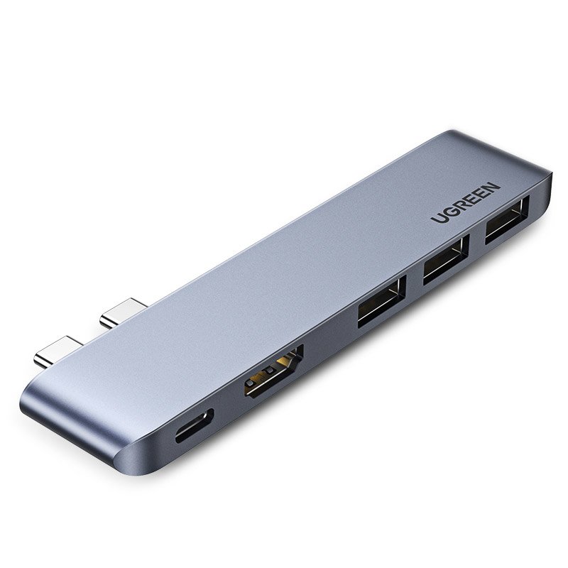 HUB Ugreen 60559 2x USB-C / USB-C PD (Thunderbolt 3, 100W, 4K 60 Hz, 10 Gbps) / HDMI 4K 30 Hz / 3x USB 3.0 til MacBook Pro / Air - Grå
