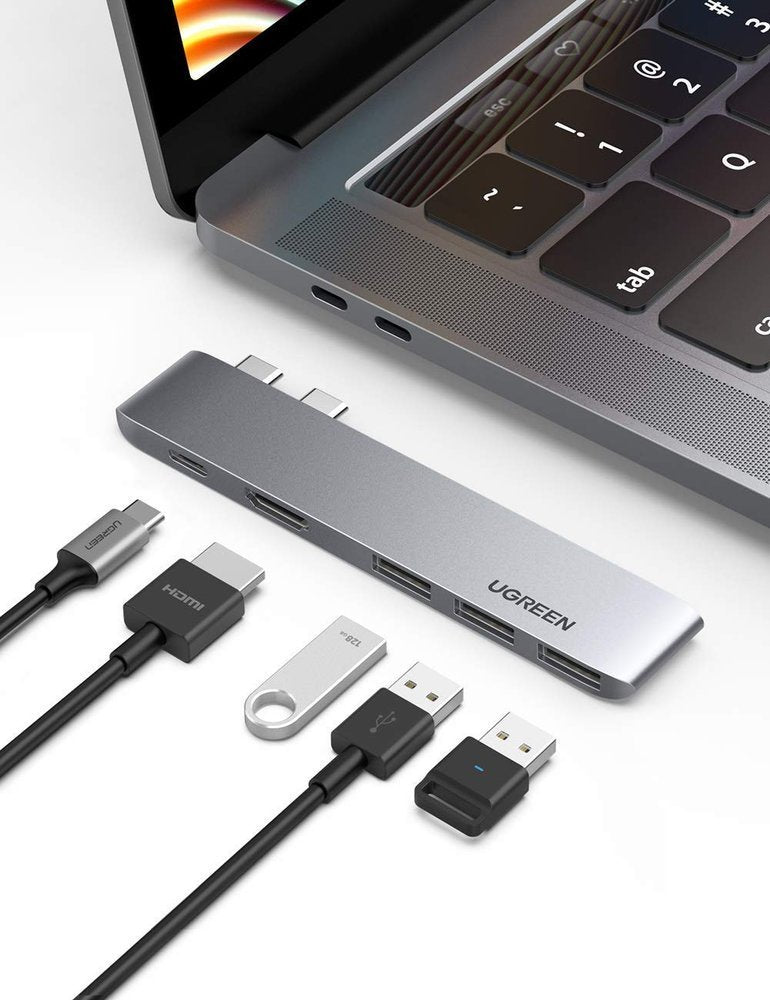 HUB Ugreen 60559 2x USB-C / USB-C PD (Thunderbolt 3, 100W, 4K 60 Hz, 10 Gbps) / HDMI 4K 30 Hz / 3x USB 3.0 til MacBook Pro / Air - Grå