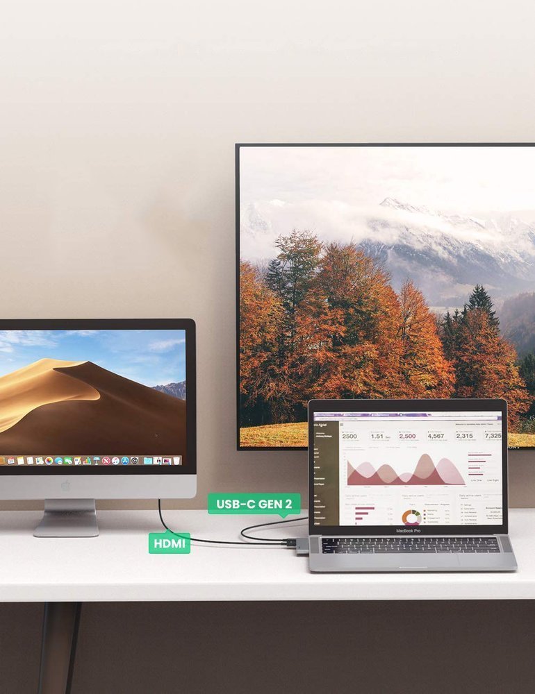 HUB Ugreen 60559 2x USB-C / USB-C PD (Thunderbolt 3, 100W, 4K 60 Hz, 10 Gbps) / HDMI 4K 30 Hz / 3x USB 3.0 til MacBook Pro / Air - Grå