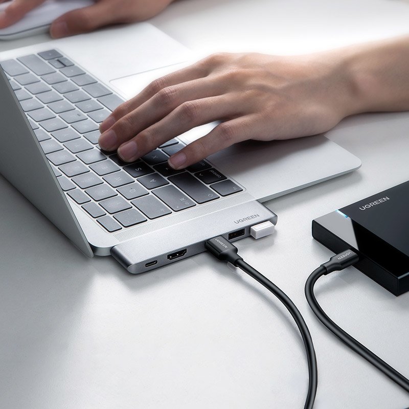 HUB Ugreen 60559 2x USB-C / USB-C PD (Thunderbolt 3, 100W, 4K 60 Hz, 10 Gbps) / HDMI 4K 30 Hz / 3x USB 3.0 til MacBook Pro / Air - Grå