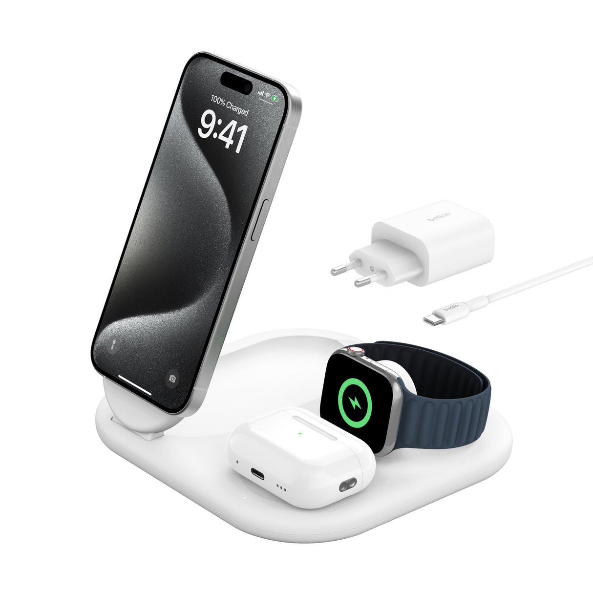 Belkin 3-i-1 Qi2 trådløs oplader (hvid)
