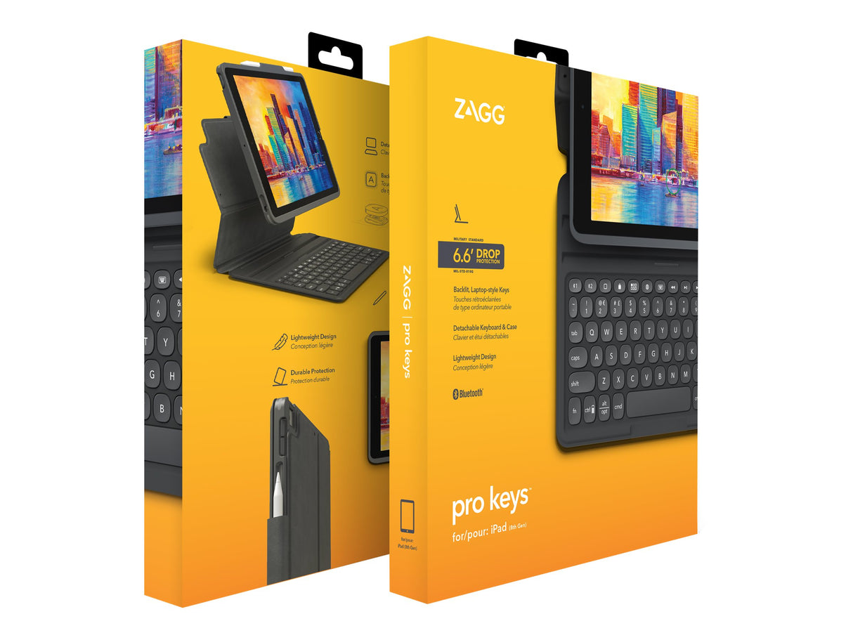 ZAGG Pro Keys - Tastatur og folio-etui - baggrundsbelyst - Bluetooth - Nordisk - sort/gråt tastatur, sort/gråt etui - til Apple 10,2-tommer iPad (7. generation, 8. generation, 9. generation)