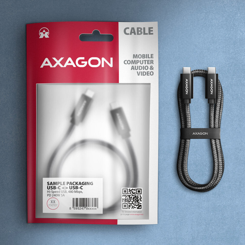 Axagon BUCM2-CM20AB Ladekabel USB-C zu USB-C 2.0, 2 m, PD 240 W 5 A, ALU - Schwarz - 2 Meter langes USB-C zu USB-C Kabel - Daten- und Ladefähig USB-kabel USB 2.0 USB C 0,48 Gbit/sek. Sort
