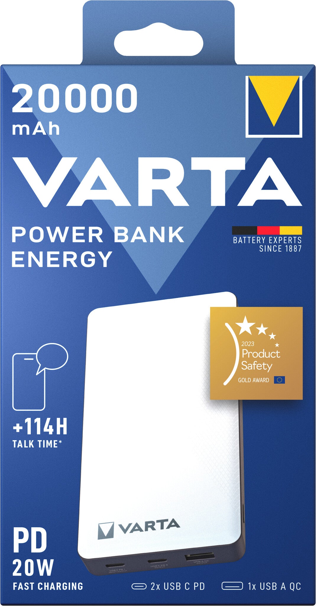 Varta Energy Powerbank 20000mAh 15Watt 2xUSB-A 1xUSB-C Hvid