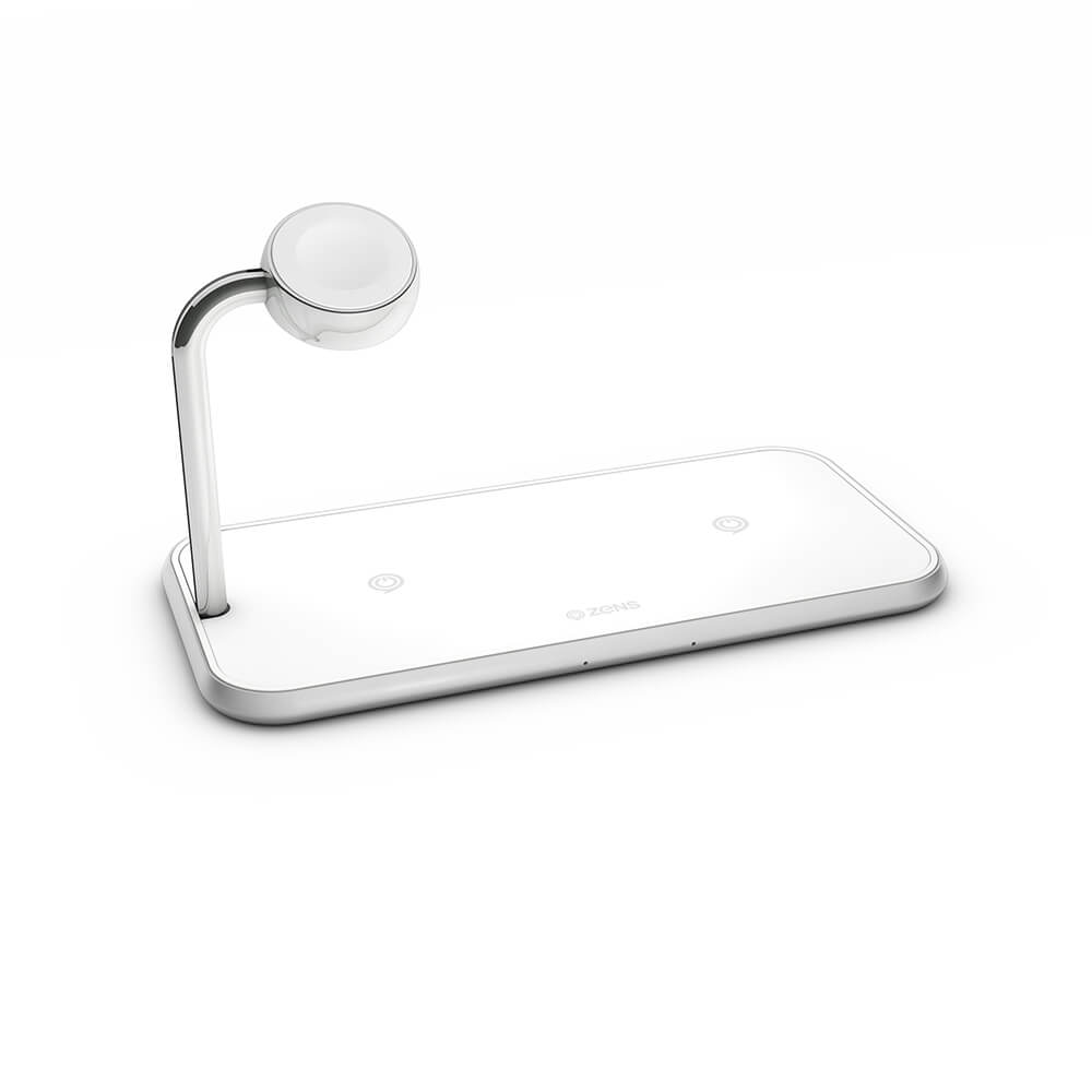 Zens Triple Alu. Lader Qi Trådløs 220 V 2x10 W Med Apple Watch Lader (Apple Qc 7,5 W) Hvid