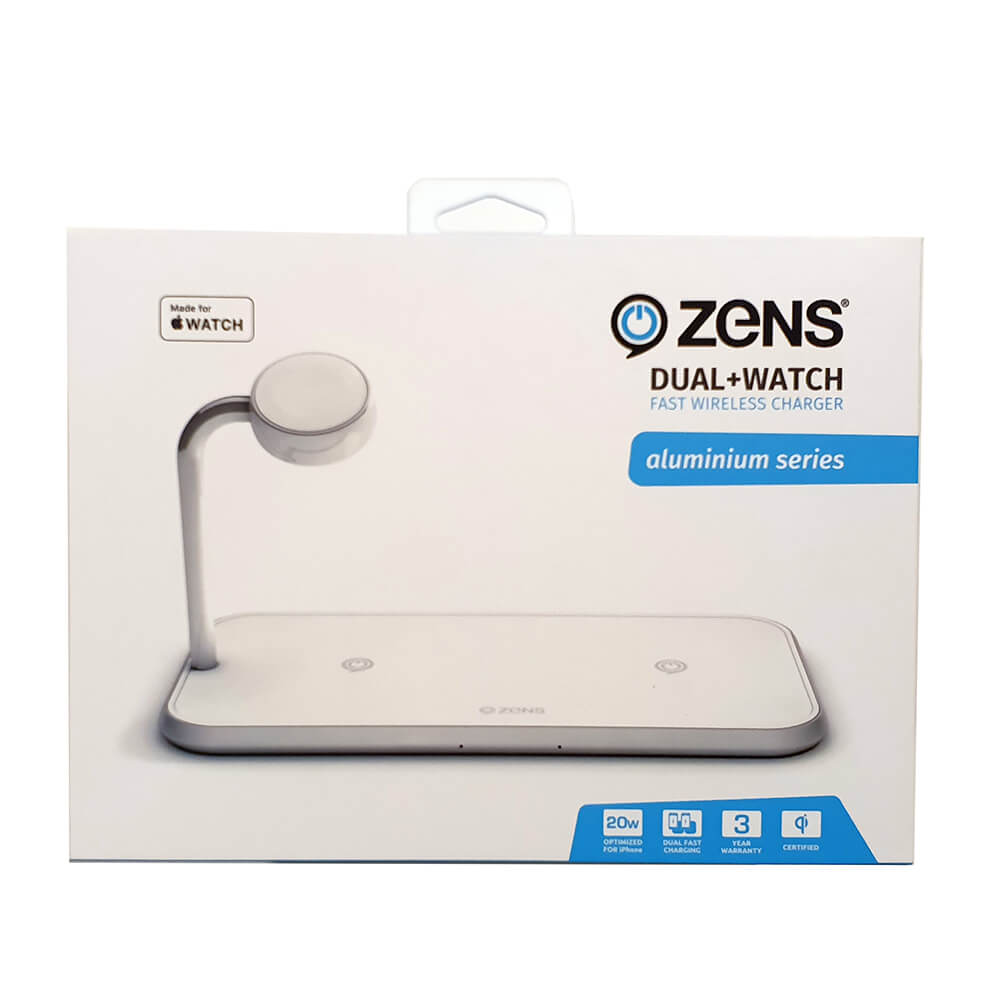 Zens Triple Alu. Lader Qi Trådløs 220 V 2x10 W Med Apple Watch Lader (Apple Qc 7,5 W) Hvid