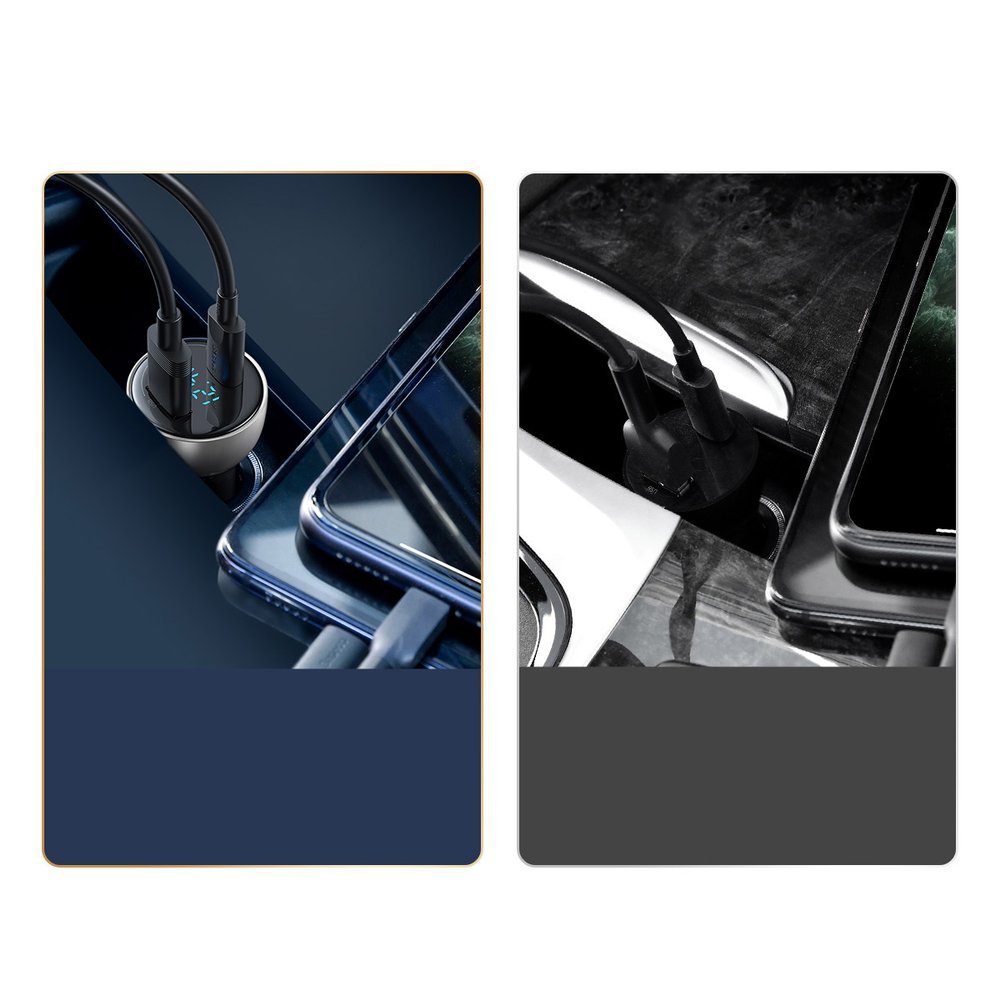 Baseus USB / USB Type C biloplader 65 W 5 A SCP Quick Charge 4.0+ Power Delivery 3.0 LCD skærm grå (CCKX-C0G)