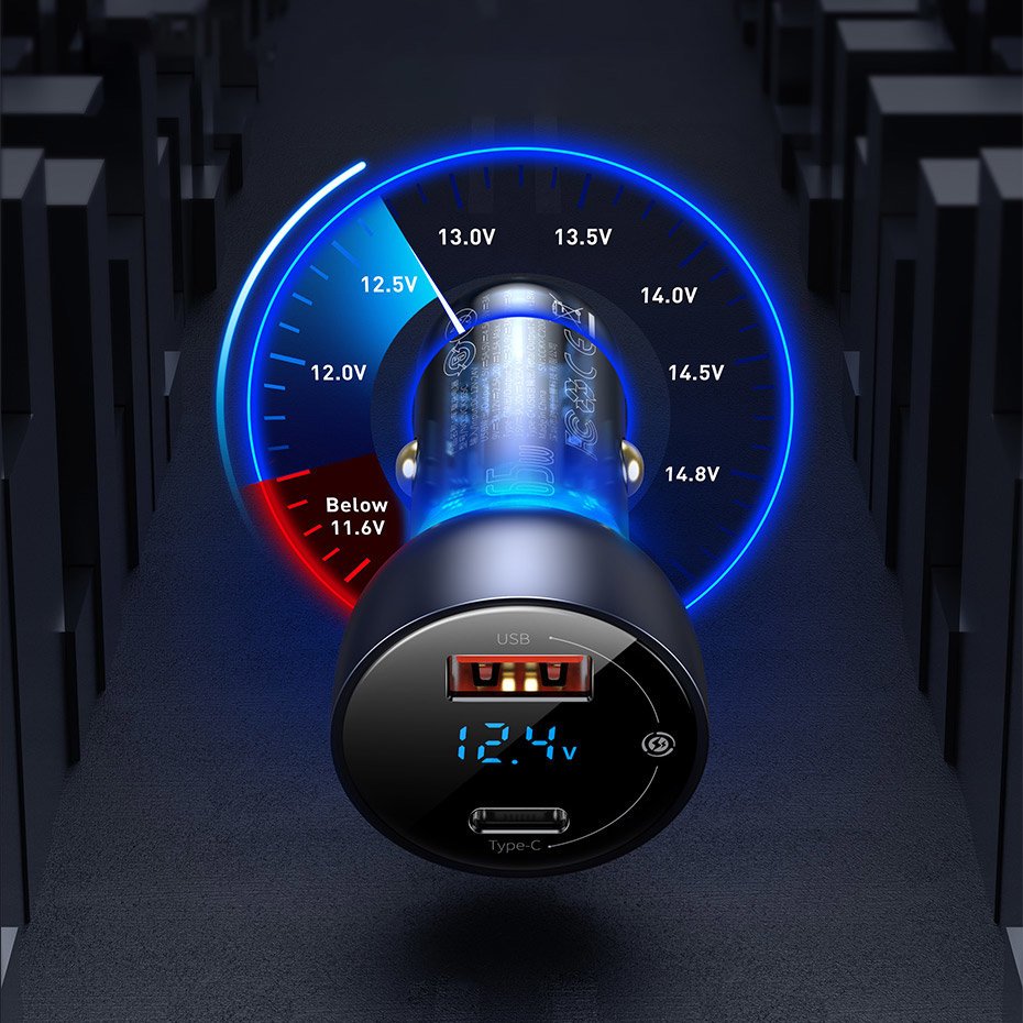 Baseus USB / USB Type C biloplader 65 W 5 A SCP Quick Charge 4.0+ Power Delivery 3.0 LCD skærm grå (CCKX-C0G)
