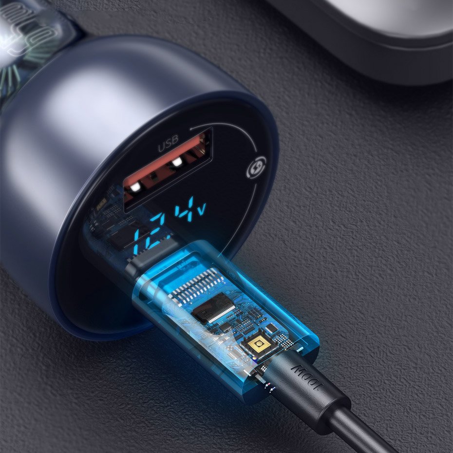 Baseus USB / USB Type C car charger 65 W 5 A SCP Quick Charge 4.0+ Power Delivery 3.0 LCD screen gray (CCKX-C0G)