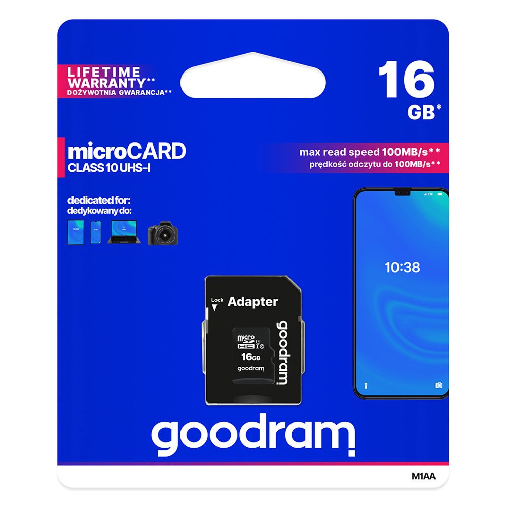 Goodram Microcard 16 GB micro SD HC UHS-I klasse 10 hukommelseskort, SD-adapter (M1AA-0160R12)