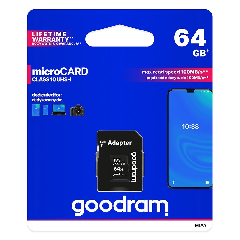 Goodram Microcard 64 GB micro SD XC UHS-I klasse 10 hukommelseskort, SD-adapter (M1AA-0640R12)