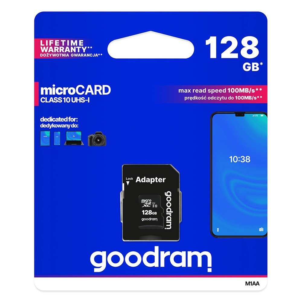 Goodram Microcard 128 GB micro SD XC UHS-I klasse 10 hukommelseskort, SD-adapter (M1AA-01280R12)