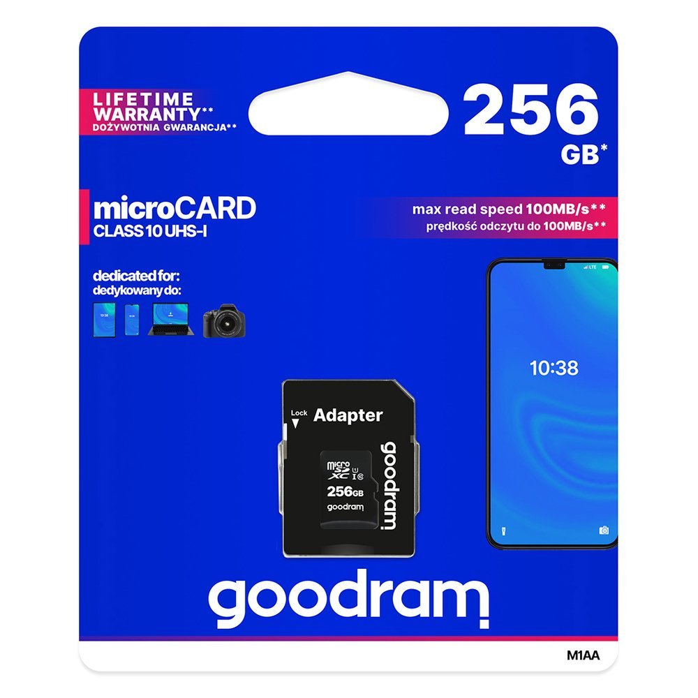 Goodram Microcard 256 GB micro SD XC UHS-I klasse 10 hukommelseskort, SD-adapter (M1AA-2560R12)