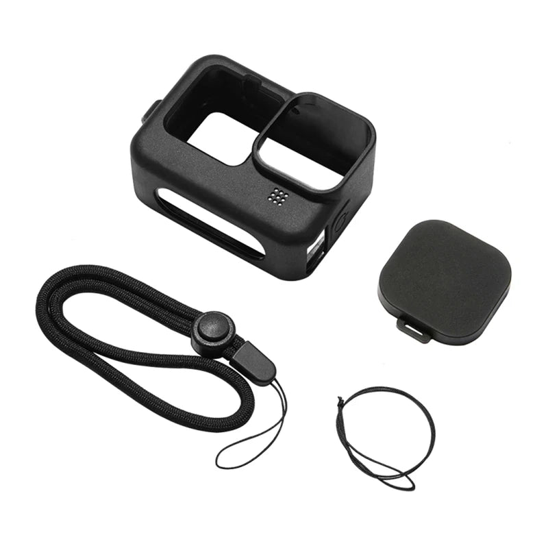Puluz Silicone Case til GoPro HERO12, HERO11, HERO10 og HERO9 sort med objektivdæksel og rem (sort)