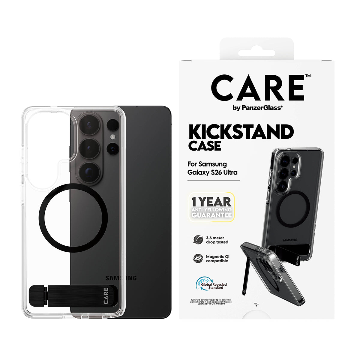 CARE by PanzerGlass Urban Explorer Case Transparent w. Black Kickstand & Qi Samsung Galaxy S26 Ultra