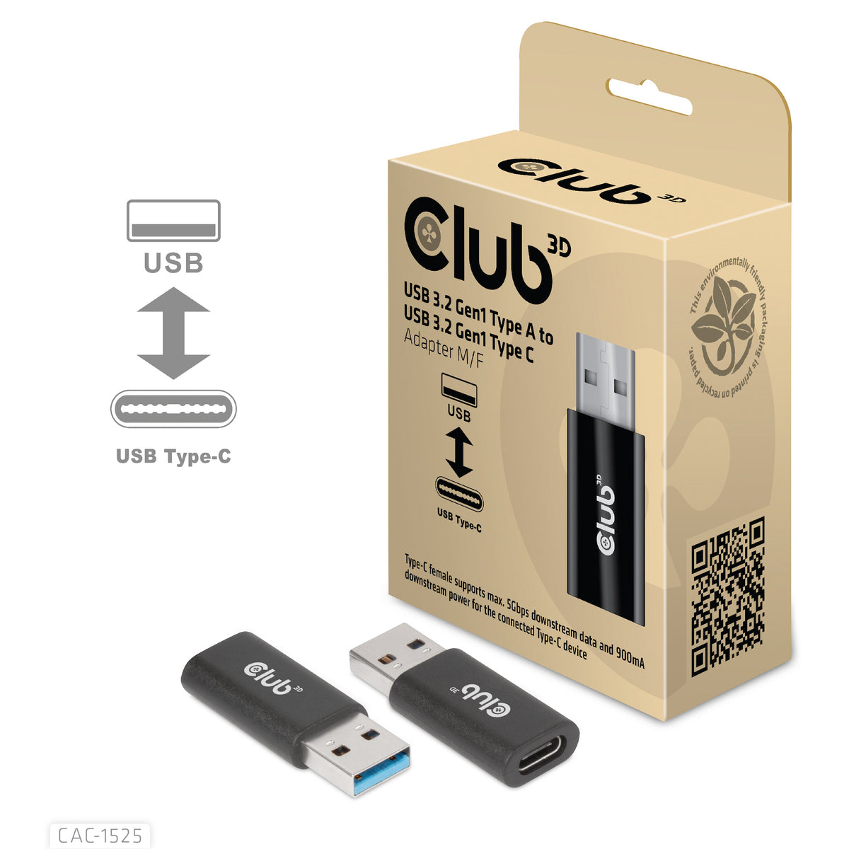 Club 3D CAC-1525 USB-A til USB-C adapter Sort