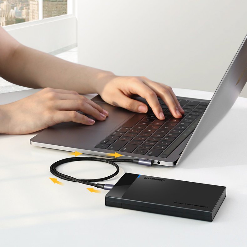 Ugreen US255 50125 USB-C (ret) / USB-C (vinklet) PD QC-kabel 60W 3A 2m - grå