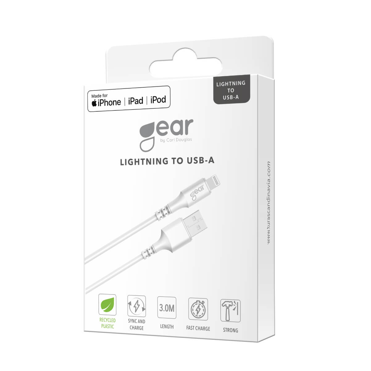 Gear Synkkabel Lightning To Usb A 3,0m Mfi Rundt Kabel Hvid