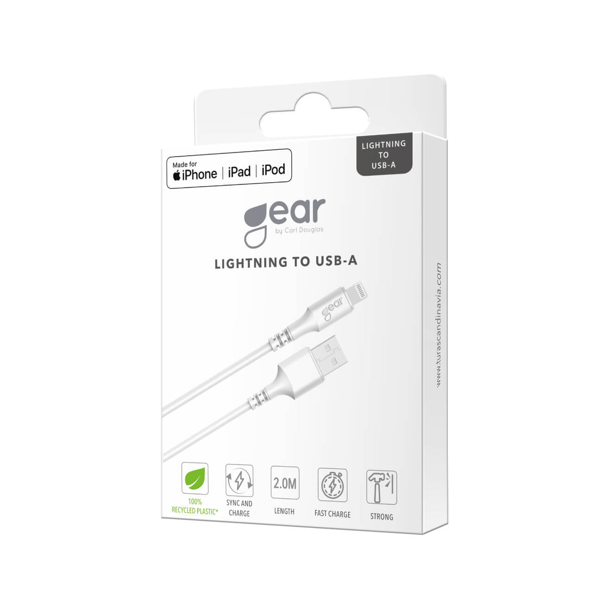 Gear Synkkabel Lightning To Usb A 2,0m Mfi Rundt Kabel Hvid