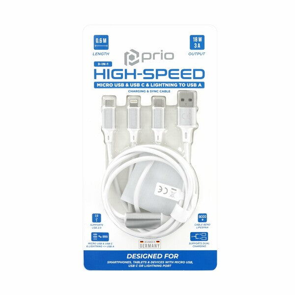 prio 3-i-1 Micro USB & USB C & Lightning til USB A-kabel 3A 0,6 m hvid