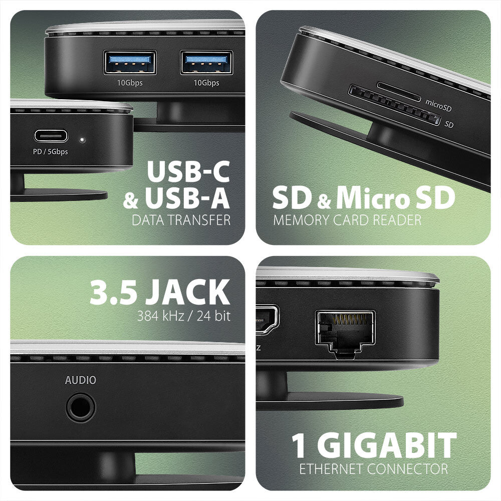 Axagon HMC-UFO USB-C Hub M.2 SATA/NVMe 1 Gbit/s Ethernet 384 kHz Audio Ledningsført USB 3.2 Gen 2 (3.1 Gen 2) Type-C Sort