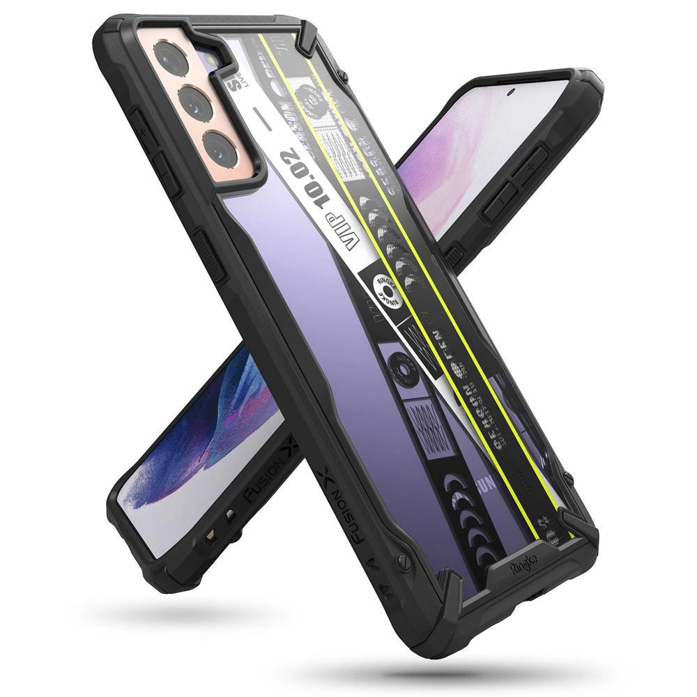 Ringke Fusion X Design holdbar PC-foder med TPU-støvler til Samsung Galaxy S21 + 5G (S21 Plus 5G) sort (Ticket band) (XDSG0052)