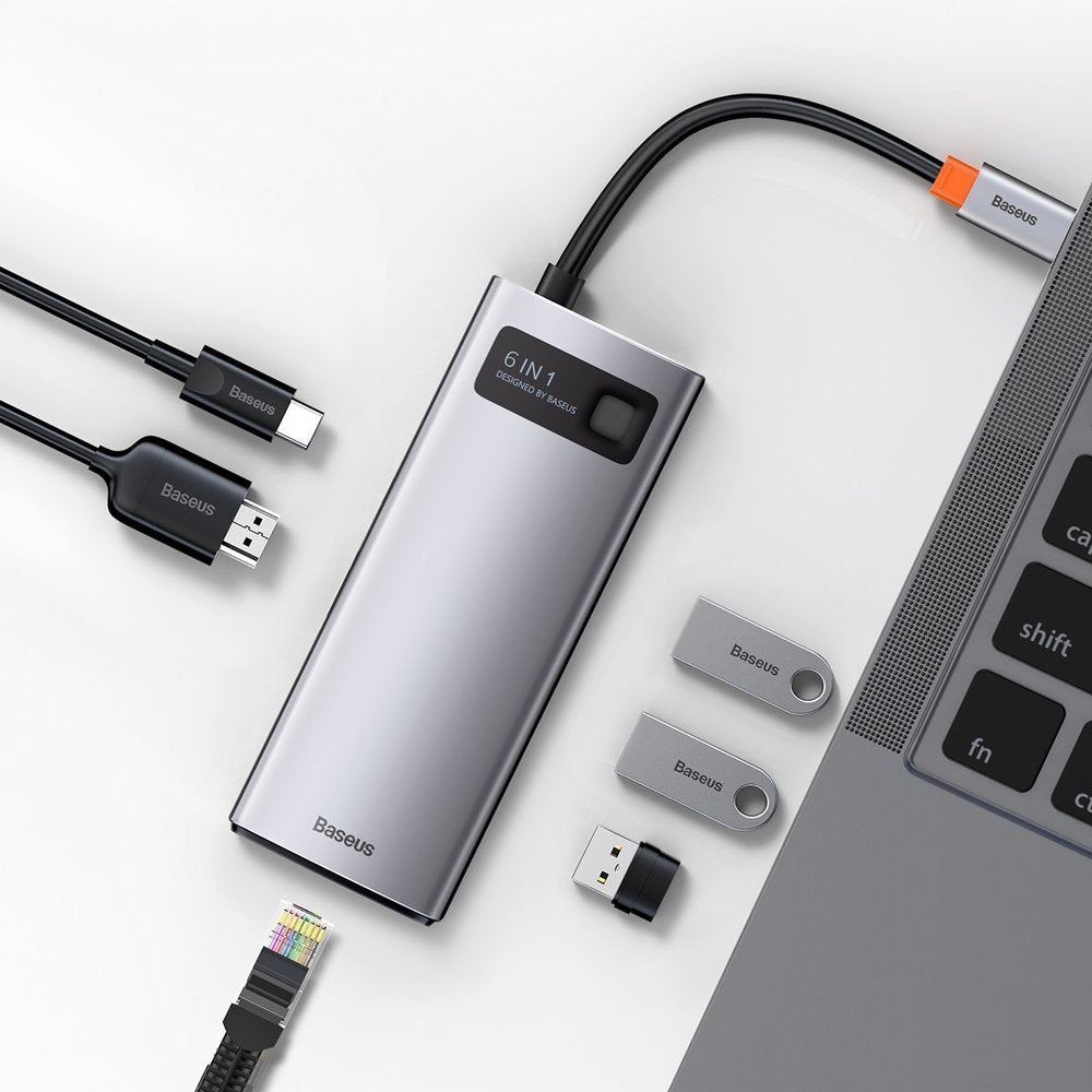 Baseus Metal Gleam 6-in-1 USB-C - USB-C PD 100W HUB 1x HDMI 4K 30Hz 3x USB-A 3.2 1x RJ45 - gray