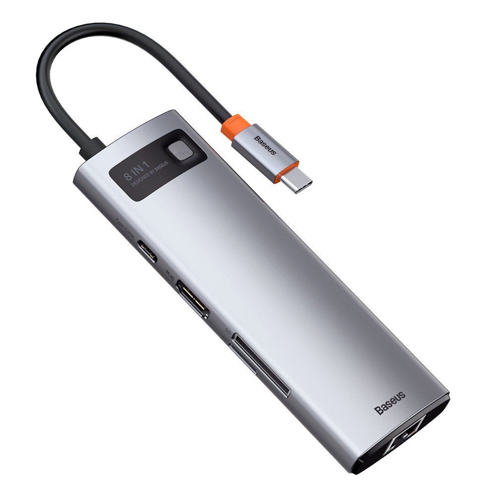 Baseus Metal Gleam 8in1 USB-C Hub - USB-C PD 100W 1x HDMI 4K 30Hz 1x SD and microSD card reader 3x USB-A 3.2 1xRJ45 - gray