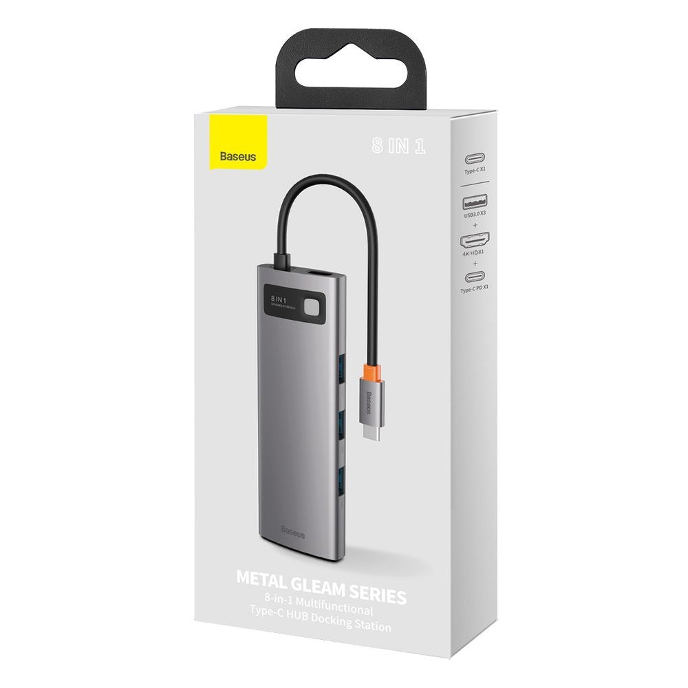 Baseus Metal Gleam 8in1 USB-C Hub - USB-C PD 100W 1x HDMI 4K 30Hz 1x SD and microSD card reader 3x USB-A 3.2 1xRJ45 - gray