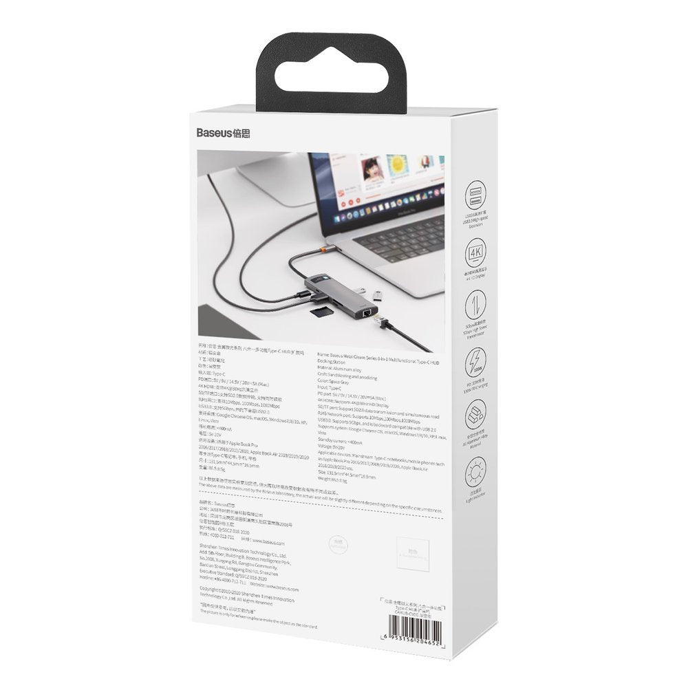 Baseus Metal Gleam 8in1 USB-C Hub - USB-C PD 100W 1x HDMI 4K 30Hz 1x SD and microSD card reader 3x USB-A 3.2 1xRJ45 - gray
