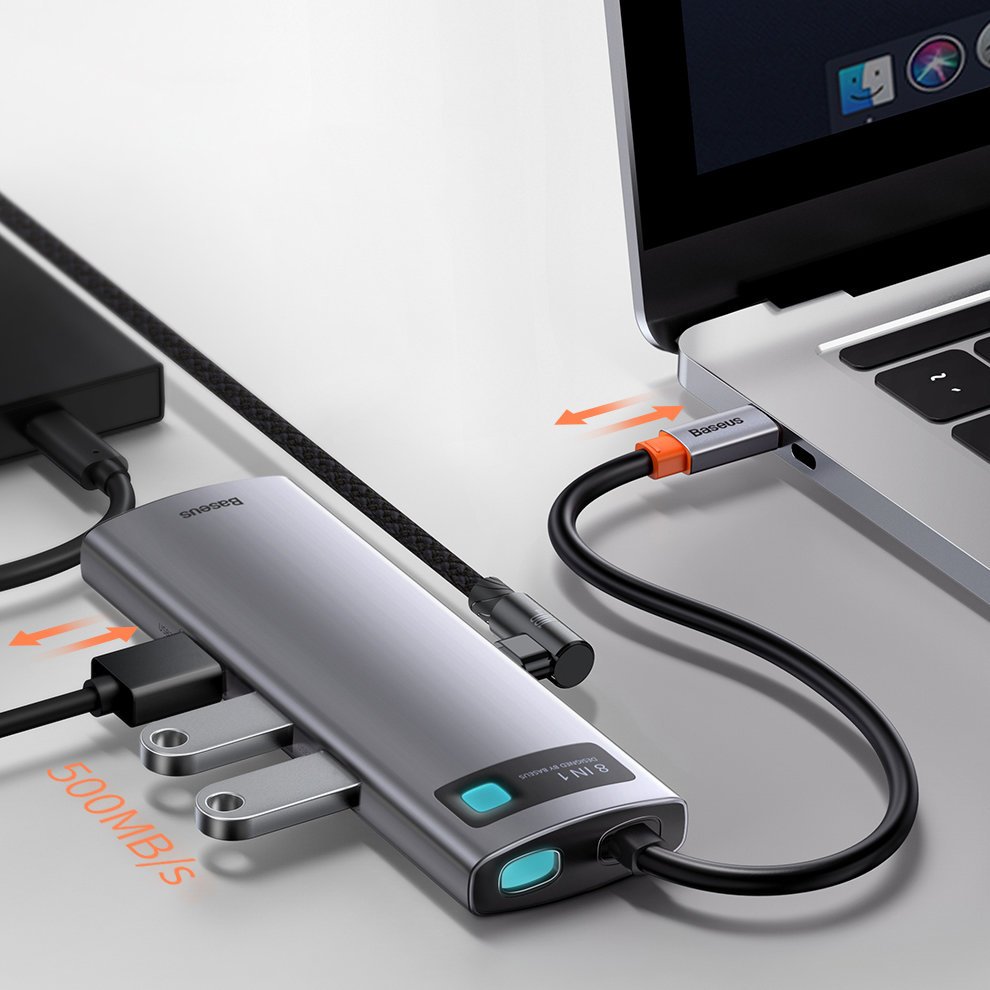 Baseus Metal Gleam 8in1 USB-C Hub - USB-C PD 100W 1x HDMI 4K 30Hz 1x SD and microSD card reader 3x USB-A 3.2 1xRJ45 - gray