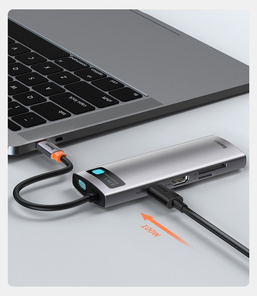 Baseus Metal Gleam 8in1 USB-C Hub - USB-C PD 100W 1x HDMI 4K 30Hz 1x SD and microSD card reader 3x USB-A 3.2 1xRJ45 - gray