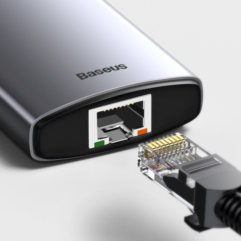 Baseus Metal Gleam 8in1 USB-C - USB-C PD 100W HUB 1x HDMI 4K 30Hz 1x SD og microSD kortlæser 3x USB-A 3.2 1xRJ45 - grå