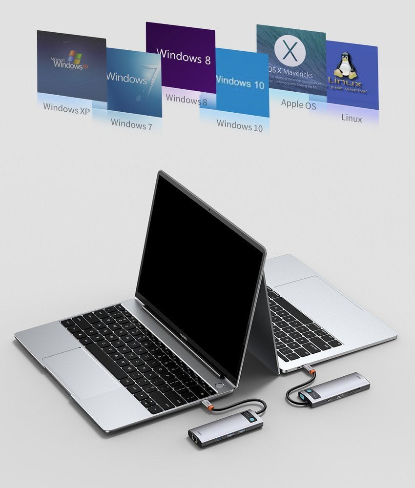 Baseus Metal Gleam 8in1 USB-C - USB-C PD 100W HUB 1x HDMI 4K 30Hz 1x SD og microSD kortlæser 3x USB-A 3.2 1xRJ45 - grå