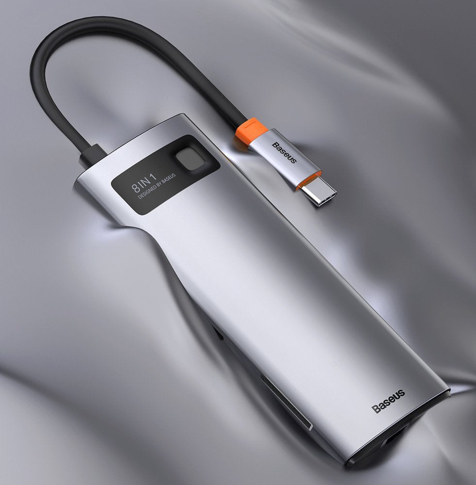 Baseus Metal Gleam 8in1 USB-C - USB-C PD 100W HUB 1x HDMI 4K 30Hz 1x SD og microSD kortlæser 3x USB-A 3.2 1xRJ45 - grå