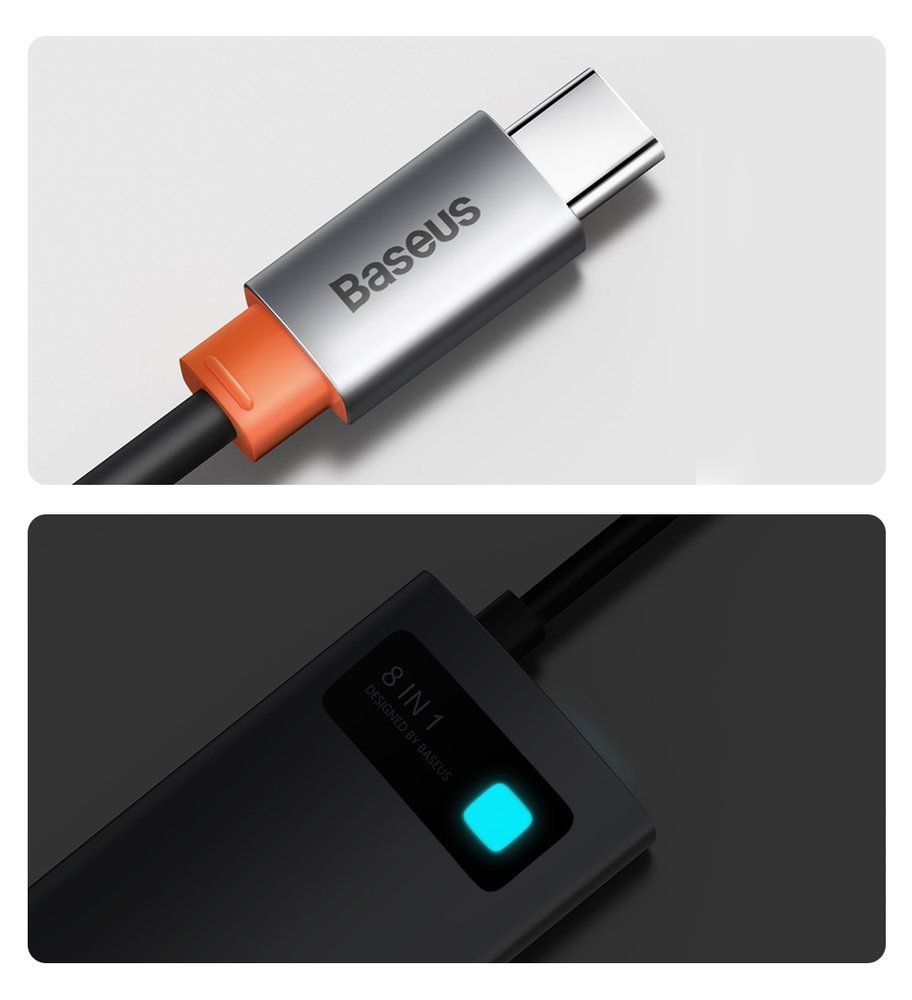 Baseus Metal Gleam 8in1 USB-C - USB-C PD 100W HUB 1x HDMI 4K 30Hz 1x SD og microSD kortlæser 3x USB-A 3.2 1xRJ45 - grå